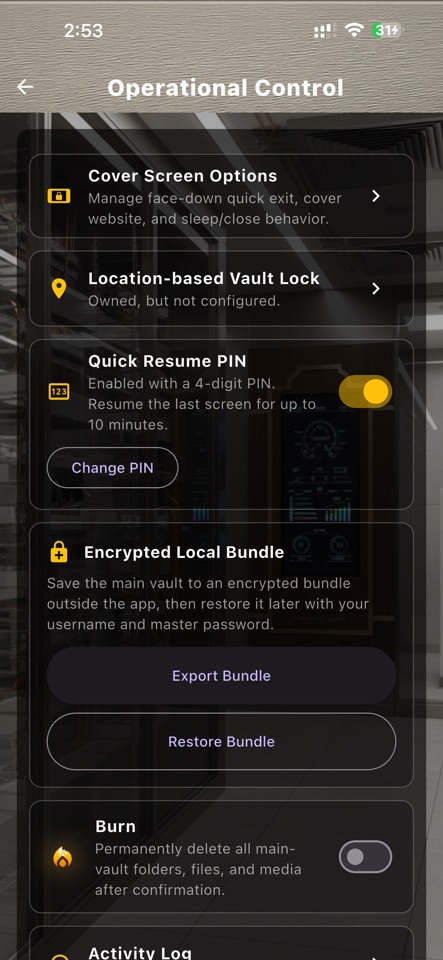 Cypher Stash operational controls for quick resume, encrypted backup, and Burn