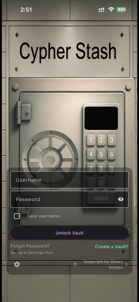 Cypher Stash vault login screen